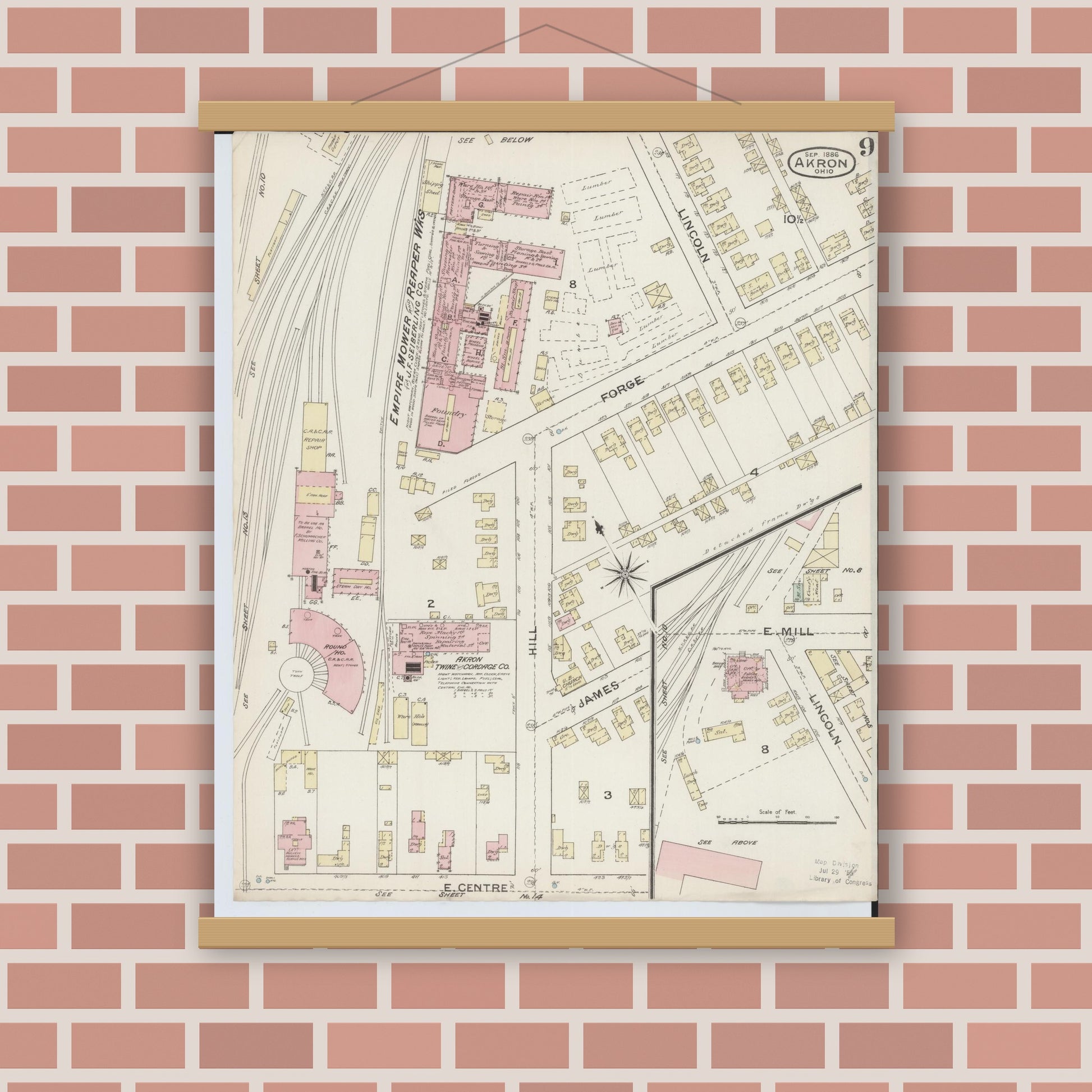Old map wall art mockup — magnetic wood frame on brick wall — Sanborn Fire Insurance Map from Akron, Summit County, Ohio (1886), Sheet #0009