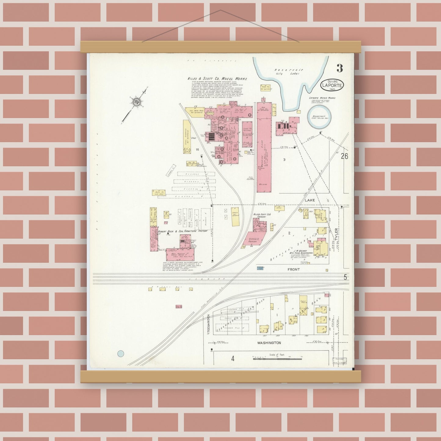 Old map wall art mockup — magnetic wood frame on brick wall — Sanborn Fire Insurance Map from La Porte, La Porte County, Indiana (1912), Sheet #0003
