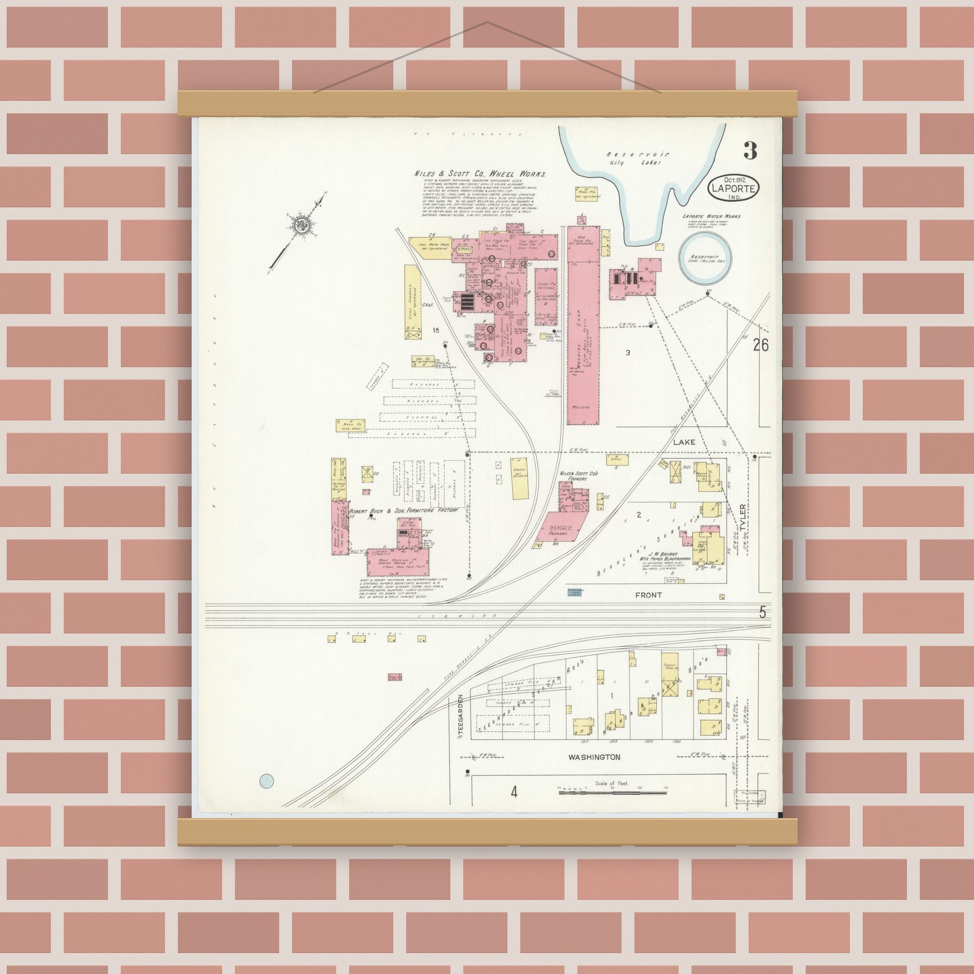 Old map wall art mockup — magnetic wood frame on brick wall — Sanborn Fire Insurance Map from La Porte, La Porte County, Indiana (1912), Sheet #0003