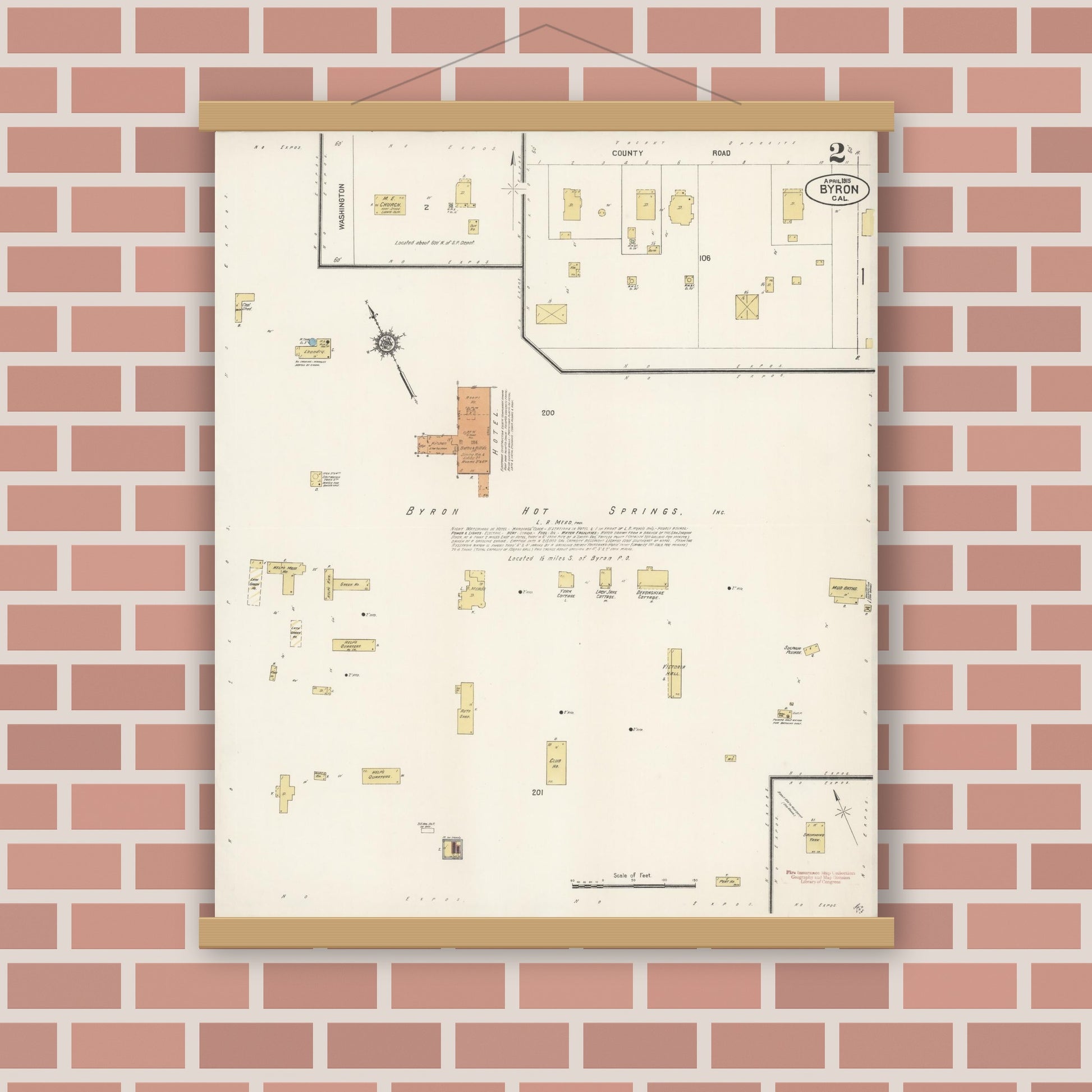 Old map wall art mockup — magnetic wood frame on brick wall — Sanborn Fire Insurance Map from Byron, Contra Costa County, California (1915), Sheet #0002