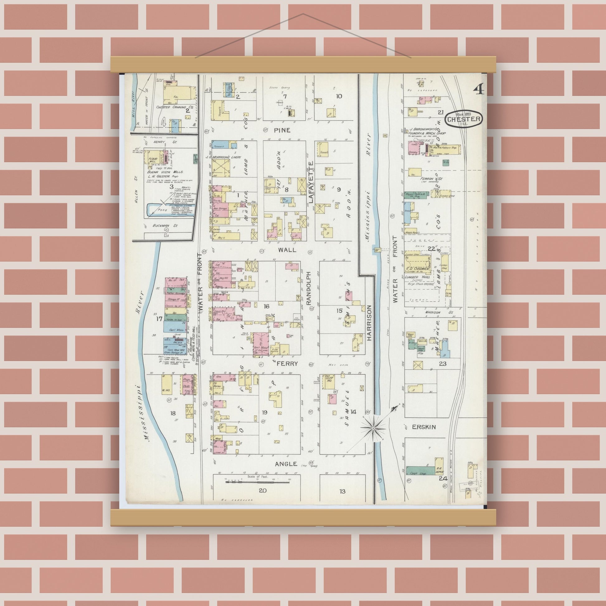 Old map wall art mockup — magnetic wood frame on brick wall — Sanborn Fire Insurance Map from Chester, Randolph County, Illinois (1886), Sheet #0004