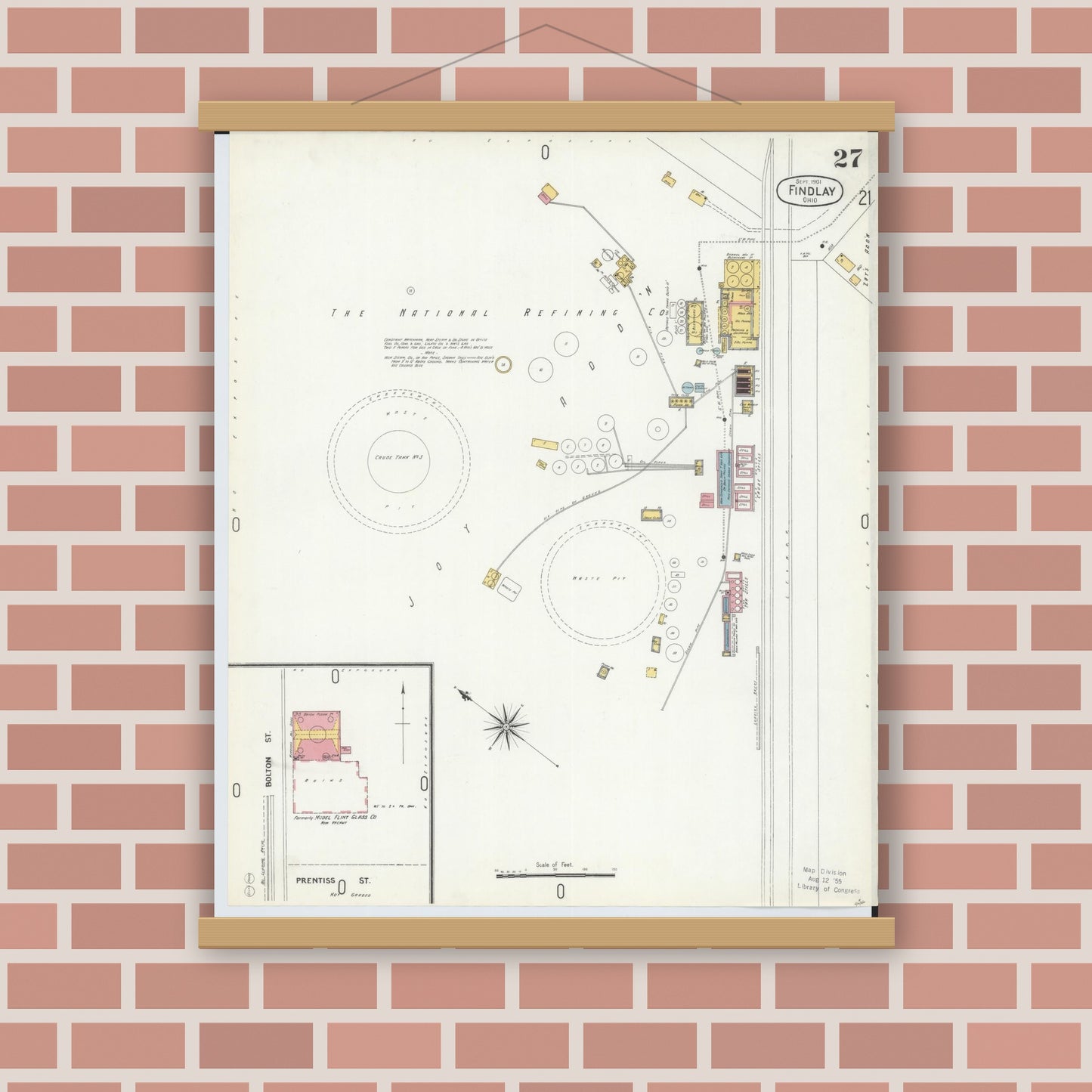 Old map wall art mockup — magnetic wood frame on brick wall — Sanborn Fire Insurance Map from Findlay, Hancock County, Ohio (1901), Sheet #0027