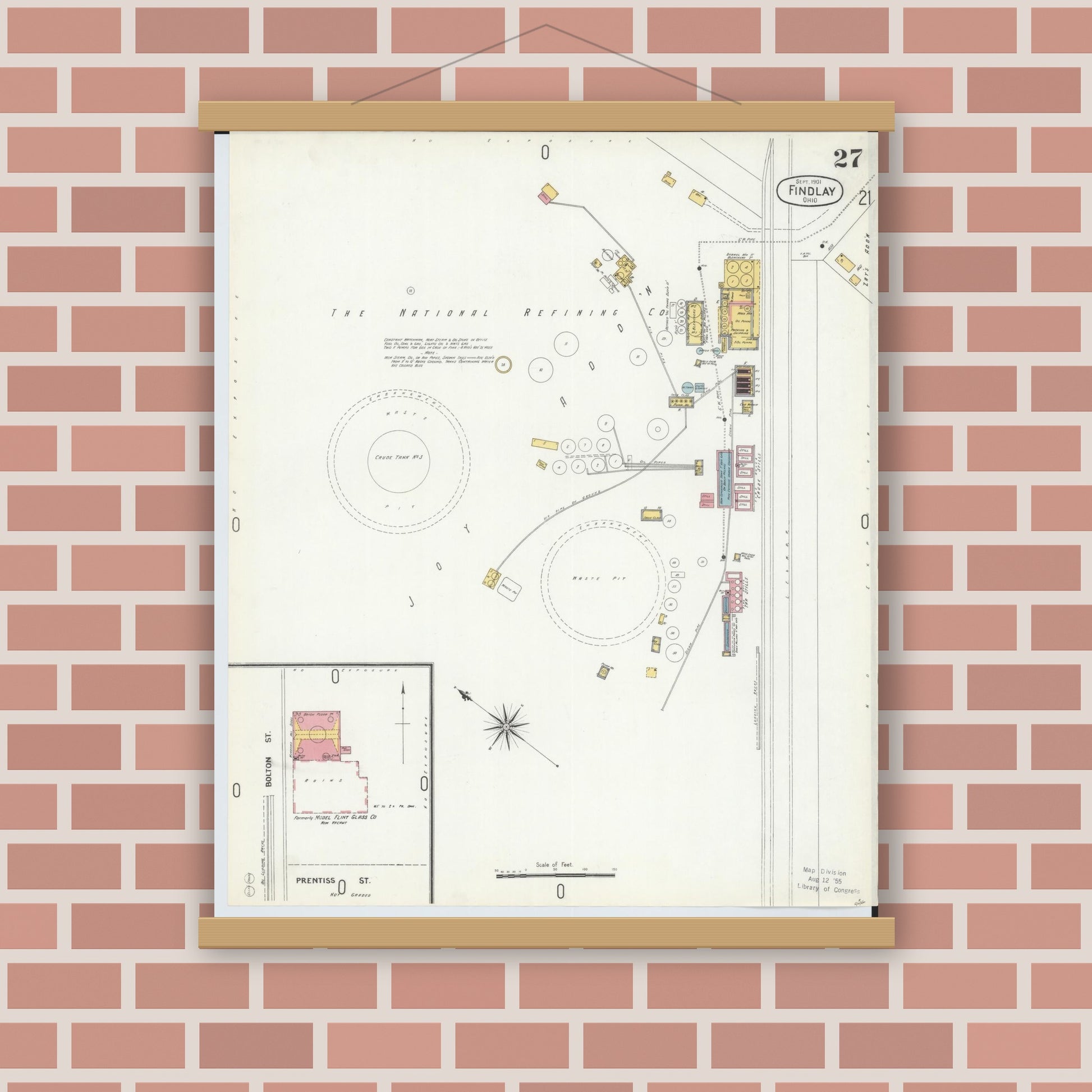 Old map wall art mockup — magnetic wood frame on brick wall — Sanborn Fire Insurance Map from Findlay, Hancock County, Ohio (1901), Sheet #0027