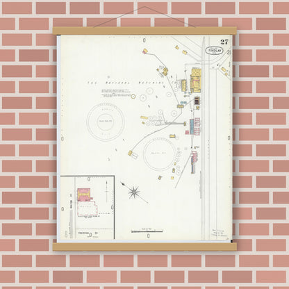 Old map wall art mockup — magnetic wood frame on brick wall — Sanborn Fire Insurance Map from Findlay, Hancock County, Ohio (1901), Sheet #0027