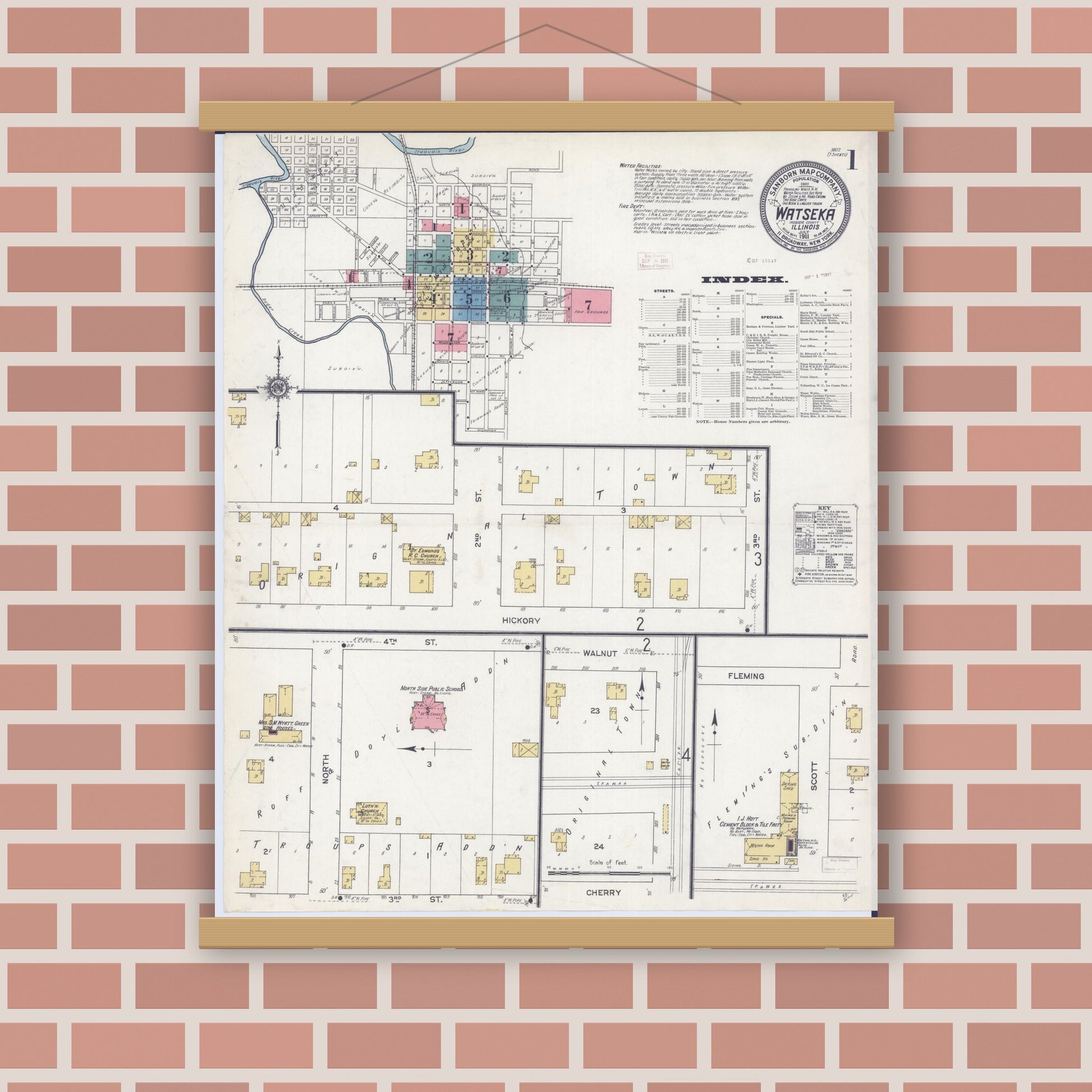Old map wall art mockup — magnetic wood frame on brick wall — Sanborn Fire Insurance Map from Watseka, Iroquois County, Illinois (1911), Sheet #0001