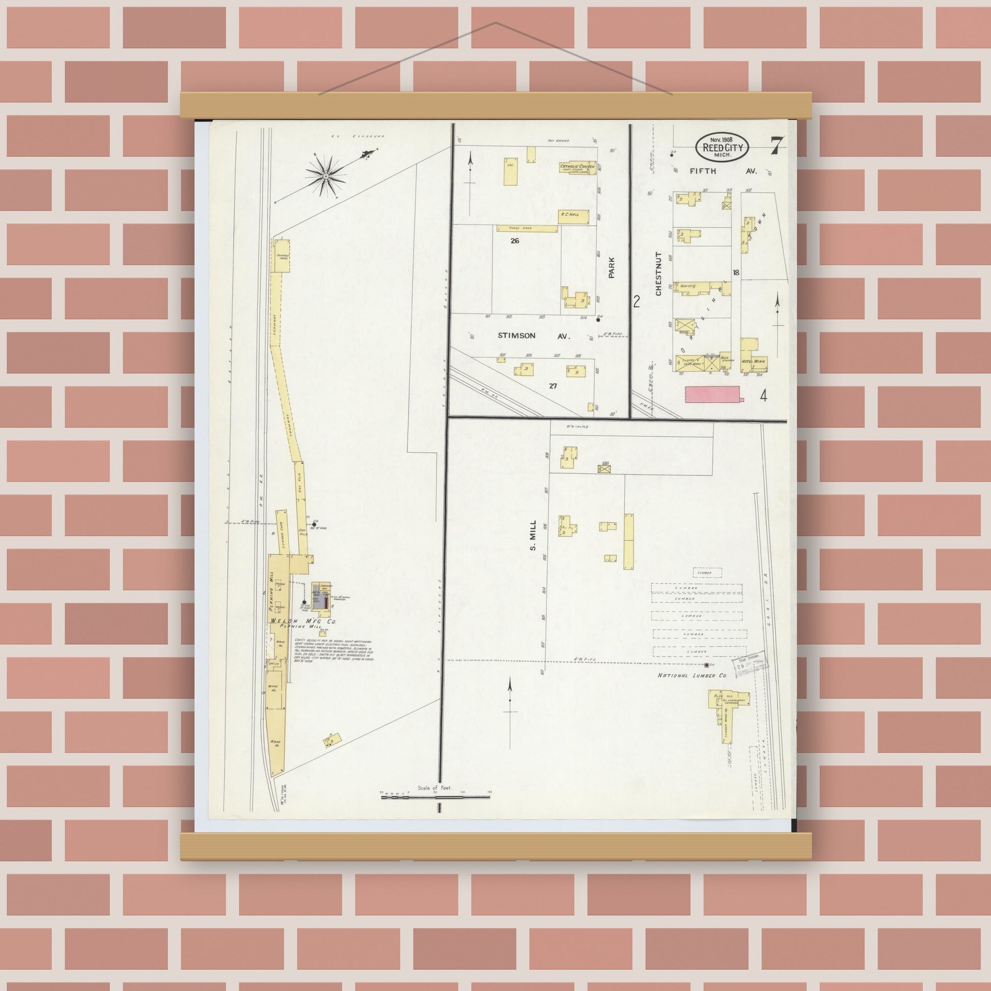 Old map wall art mockup — magnetic wood frame on brick wall — Sanborn Fire Insurance Map from Reed City, Osceola County, Michigan (1908), Sheet #0007