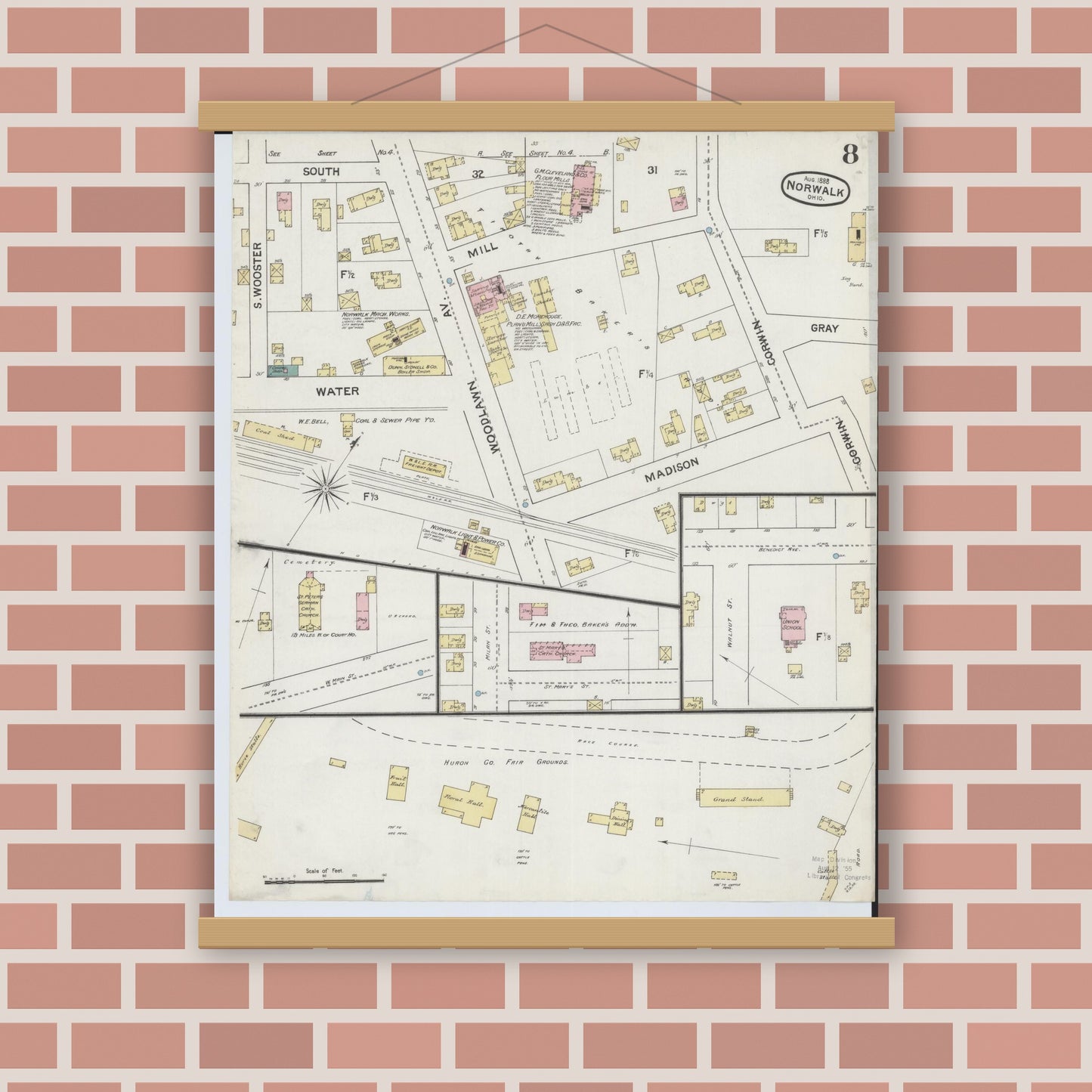 Old map wall art mockup — magnetic wood frame on brick wall — Sanborn Fire Insurance Map from Norwalk, Huron County, Ohio (1888), Sheet #0008