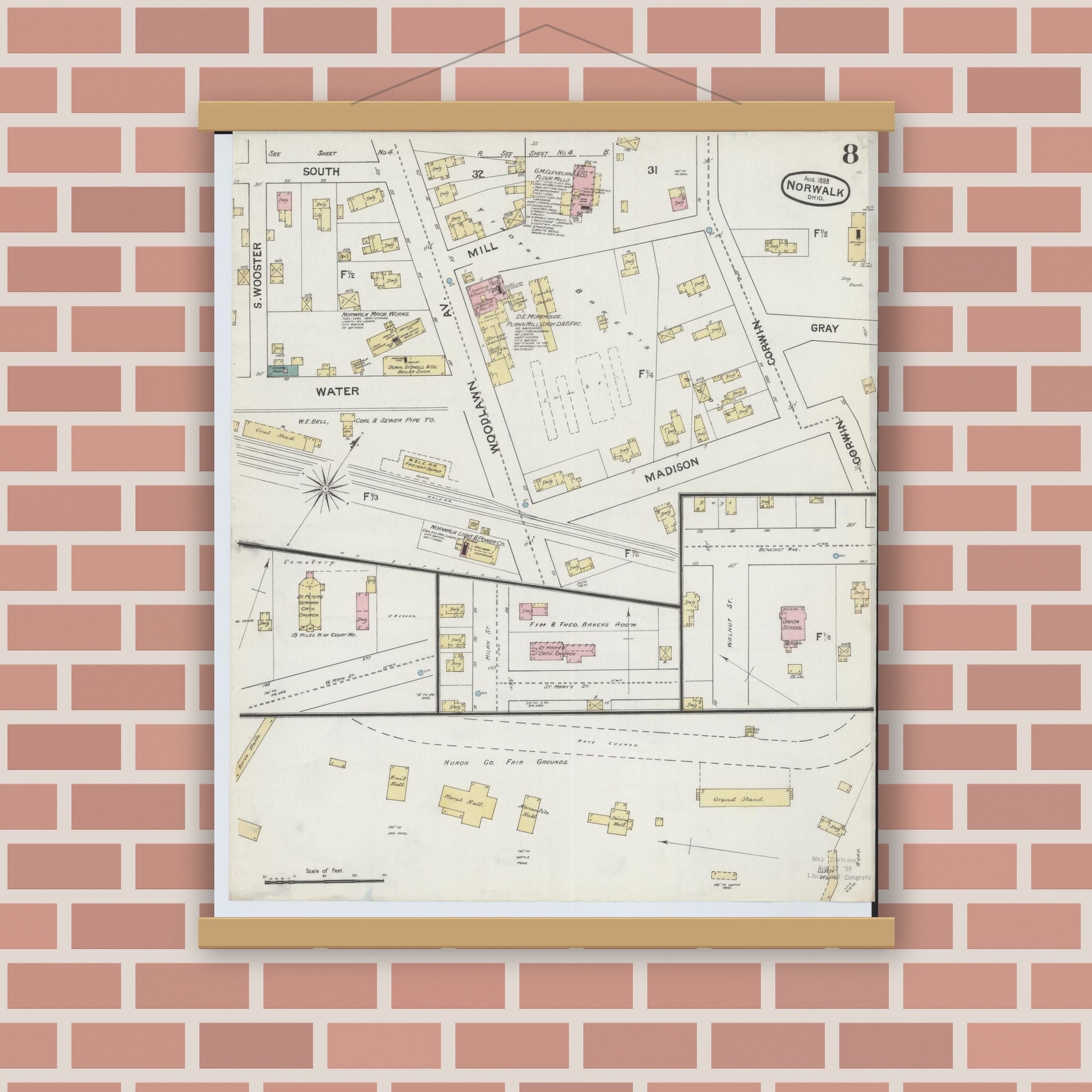 Old map wall art mockup — magnetic wood frame on brick wall — Sanborn Fire Insurance Map from Norwalk, Huron County, Ohio (1888), Sheet #0008