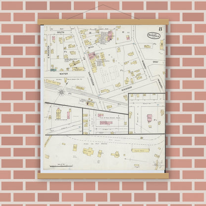 Old map wall art mockup — magnetic wood frame on brick wall — Sanborn Fire Insurance Map from Norwalk, Huron County, Ohio (1888), Sheet #0008
