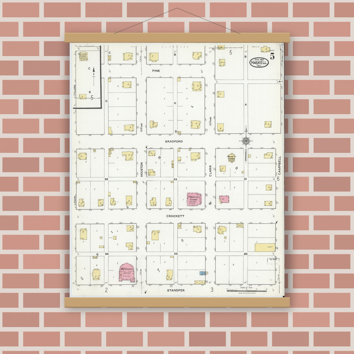 Old map wall art mockup — magnetic wood frame on brick wall — Sanborn Fire Insurance Map from Haskell, Haskell County, Texas (1921), Sheet #0005