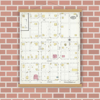Old map wall art mockup — magnetic wood frame on brick wall — Sanborn Fire Insurance Map from Haskell, Haskell County, Texas (1921), Sheet #0005