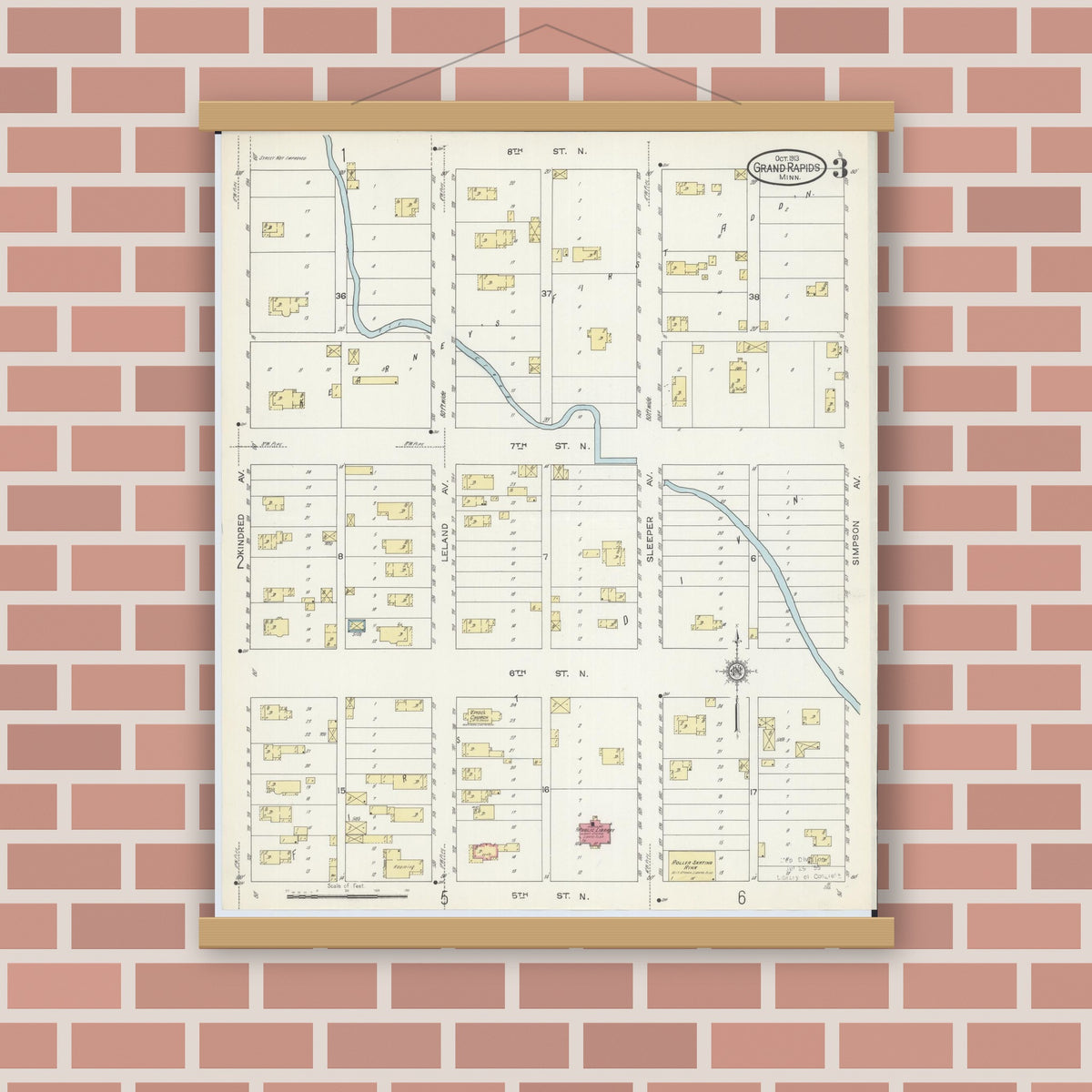 Old map wall art mockup — magnetic wood frame on brick wall — Sanborn Fire Insurance Map from Grand Rapids, Itasca County, Minnesota (1913), Sheet #0003