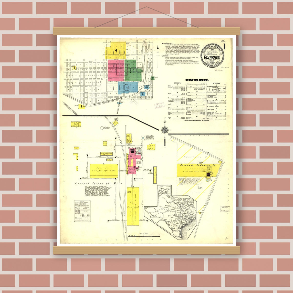 Old map wall art mockup — magnetic wood frame on brick wall — Sanborn Fire Insurance Map from Alvarado, Johnson County, Texas (1912), Sheet #0001
