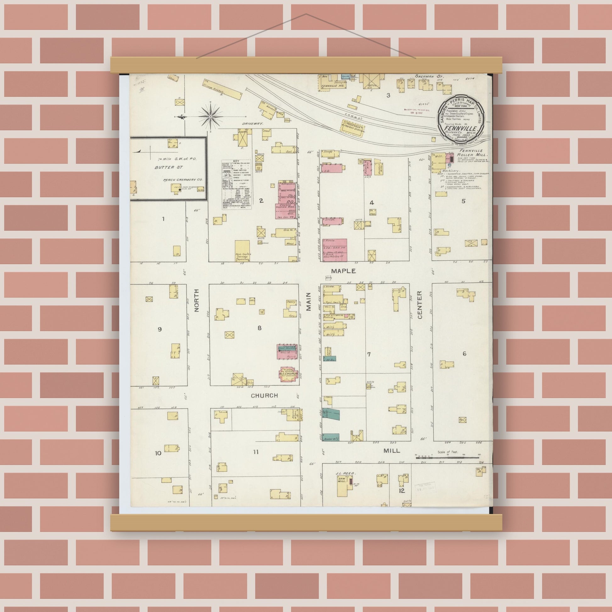 Old map wall art mockup — magnetic wood frame on brick wall — Sanborn Fire Insurance Map from Fennville, Allegan County, Michigan (1893), Sheet #0001