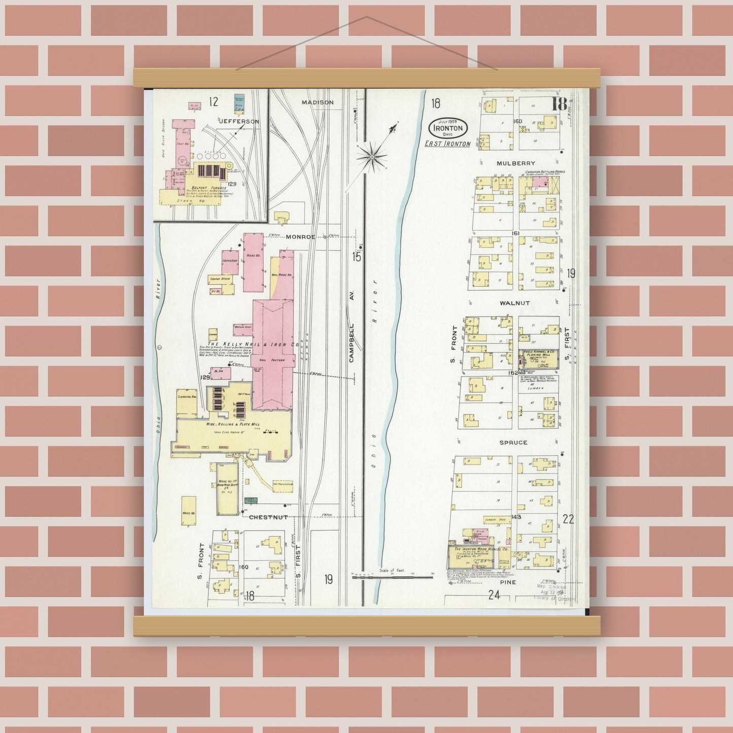Old map wall art mockup — magnetic wood frame on brick wall — Sanborn Fire Insurance Map from Ironton, Lawrence County, Ohio (1909), Sheet #0018