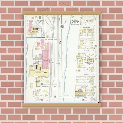 Old map wall art mockup — magnetic wood frame on brick wall — Sanborn Fire Insurance Map from Ironton, Lawrence County, Ohio (1909), Sheet #0018