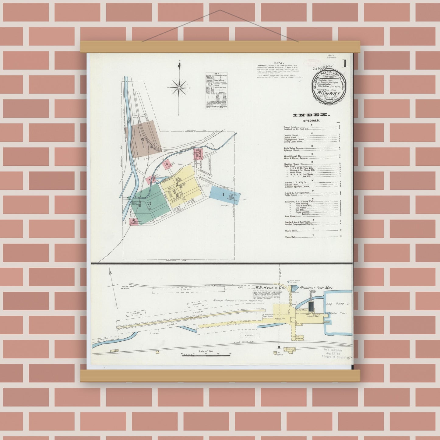 Old map wall art mockup — magnetic wood frame on brick wall — Sanborn Fire Insurance Map from Ridgway, Elk County, Pennsylvania (1892) - Complete Map Set