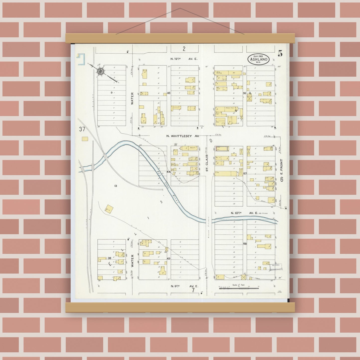 Old map wall art mockup — magnetic wood frame on brick wall — Sanborn Fire Insurance Map from Ashland, Ashland County, Wisconsin (1909), Sheet #0005