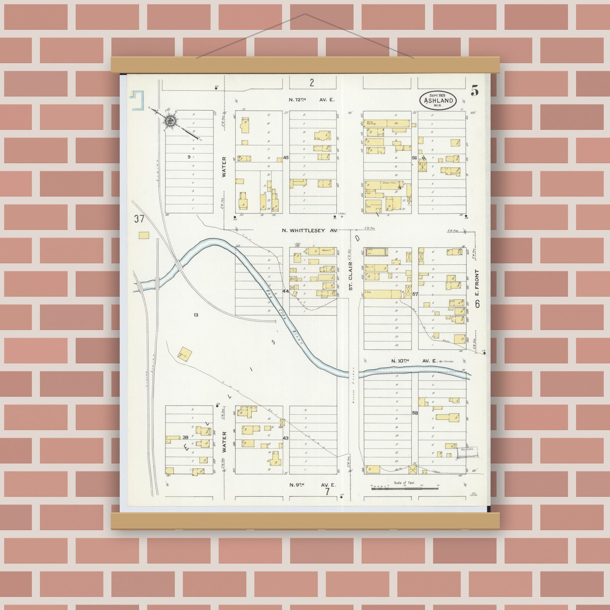 Old map wall art mockup — magnetic wood frame on brick wall — Sanborn Fire Insurance Map from Ashland, Ashland County, Wisconsin (1909), Sheet #0005