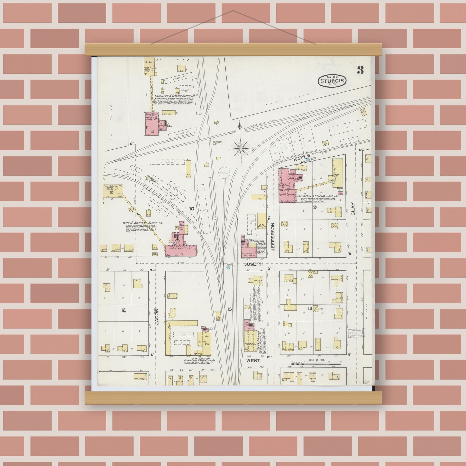 Old map wall art mockup — magnetic wood frame on brick wall — Sanborn Fire Insurance Map from Sturgis, Saint Joseph County, Michigan (1892), Sheet #0003