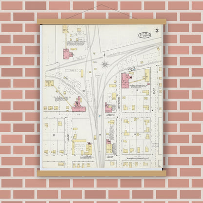 Old map wall art mockup — magnetic wood frame on brick wall — Sanborn Fire Insurance Map from Sturgis, Saint Joseph County, Michigan (1892), Sheet #0003