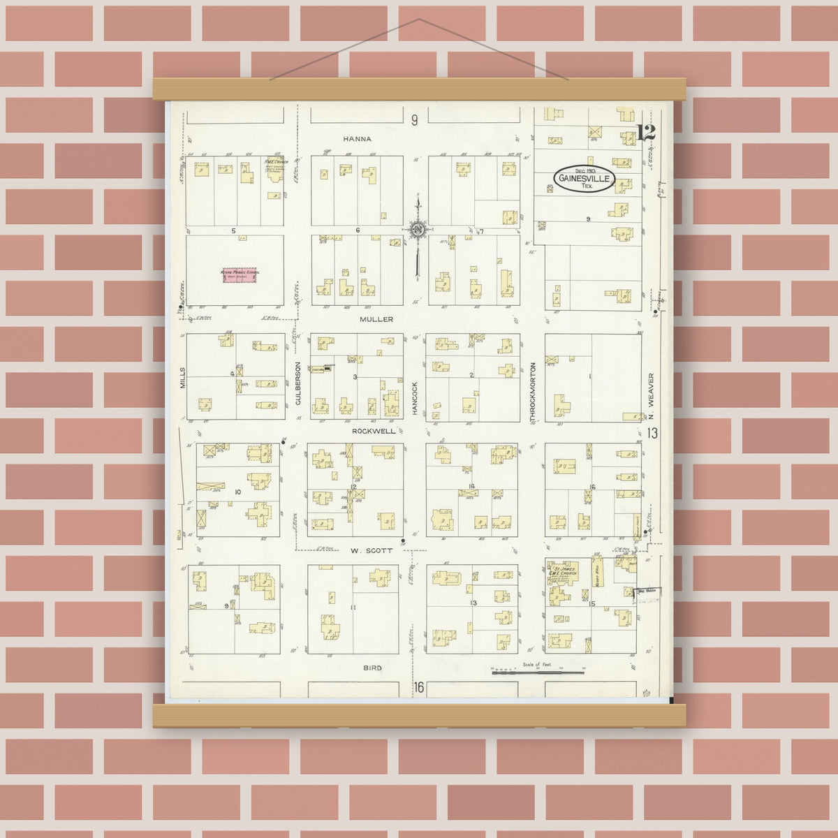 Old map wall art mockup — magnetic wood frame on brick wall — Sanborn Fire Insurance Map from Gainesville, Cooke County, Texas (1913), Sheet #0012