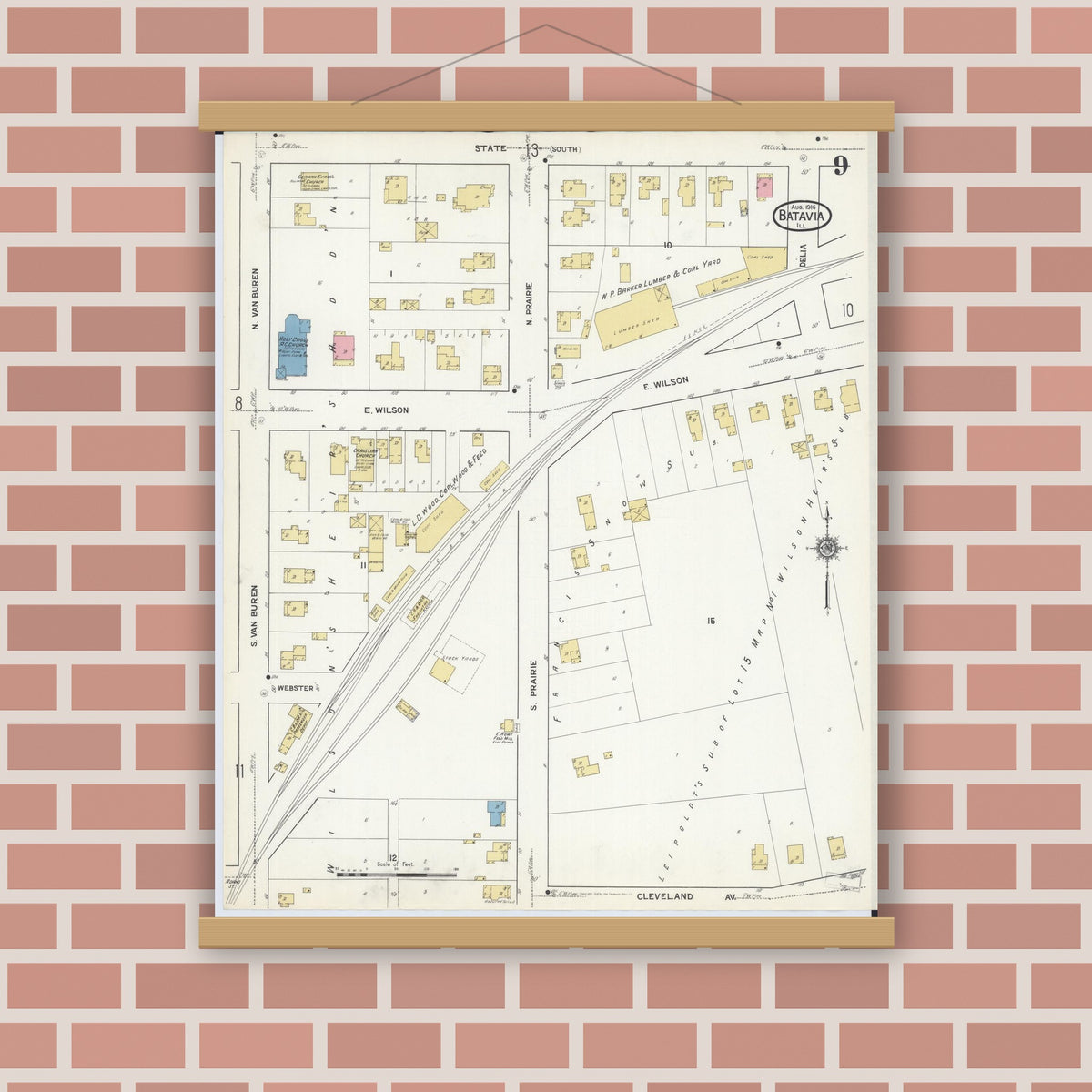 Old map wall art mockup — magnetic wood frame on brick wall — Sanborn Fire Insurance Map from Batavia, Kane County, Illinois (1916), Sheet #0009