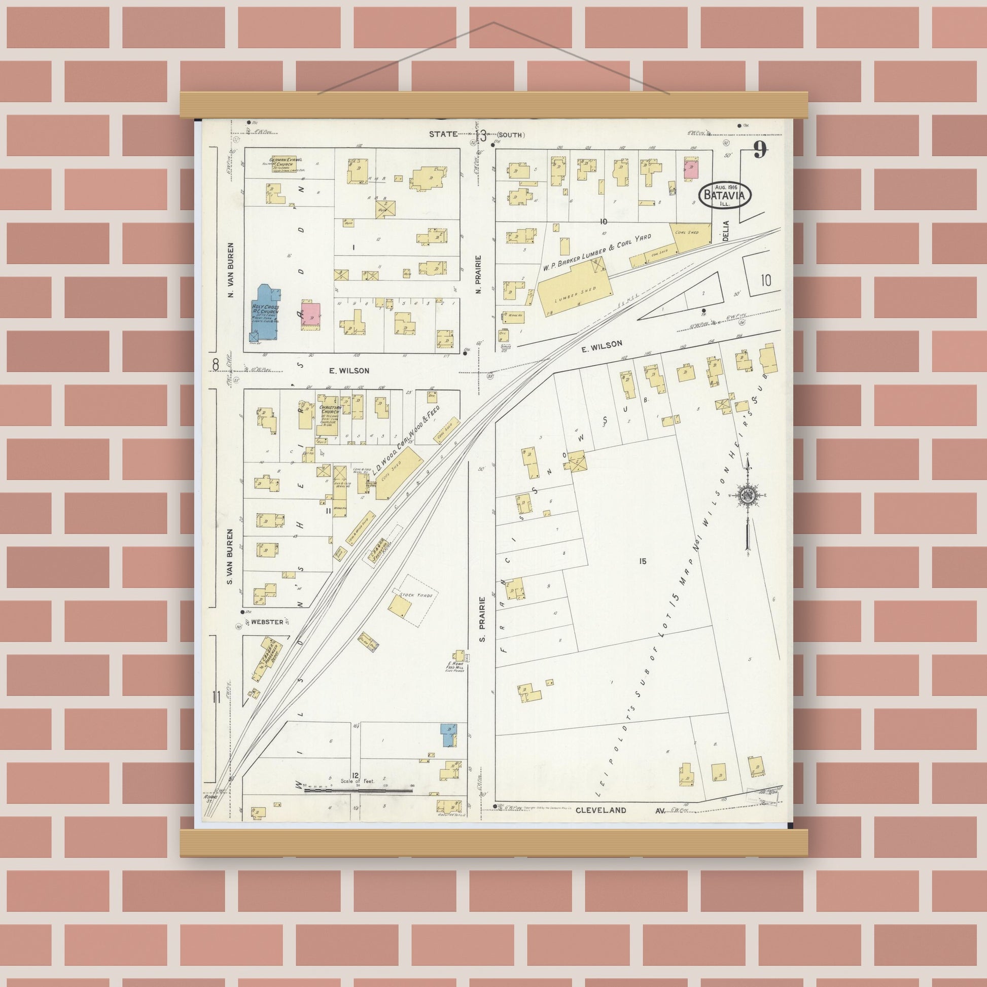 Old map wall art mockup — magnetic wood frame on brick wall — Sanborn Fire Insurance Map from Batavia, Kane County, Illinois (1916), Sheet #0009