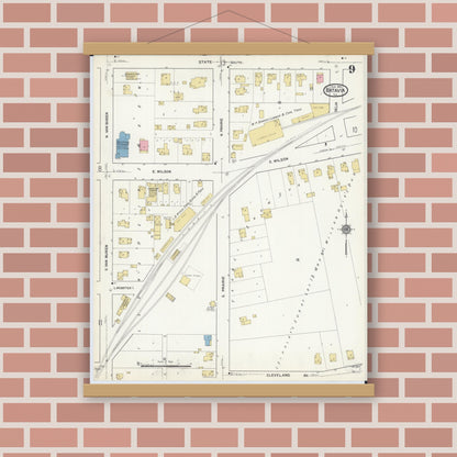 Old map wall art mockup — magnetic wood frame on brick wall — Sanborn Fire Insurance Map from Batavia, Kane County, Illinois (1916), Sheet #0009
