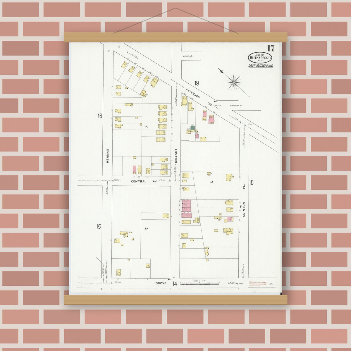 Old map wall art mockup — magnetic wood frame on brick wall — Sanborn Fire Insurance Map from Rutherford, Bergen County, New Jersey (1909), Sheet #0017