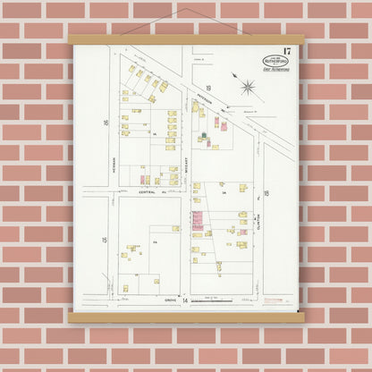 Old map wall art mockup — magnetic wood frame on brick wall — Sanborn Fire Insurance Map from Rutherford, Bergen County, New Jersey (1909), Sheet #0017