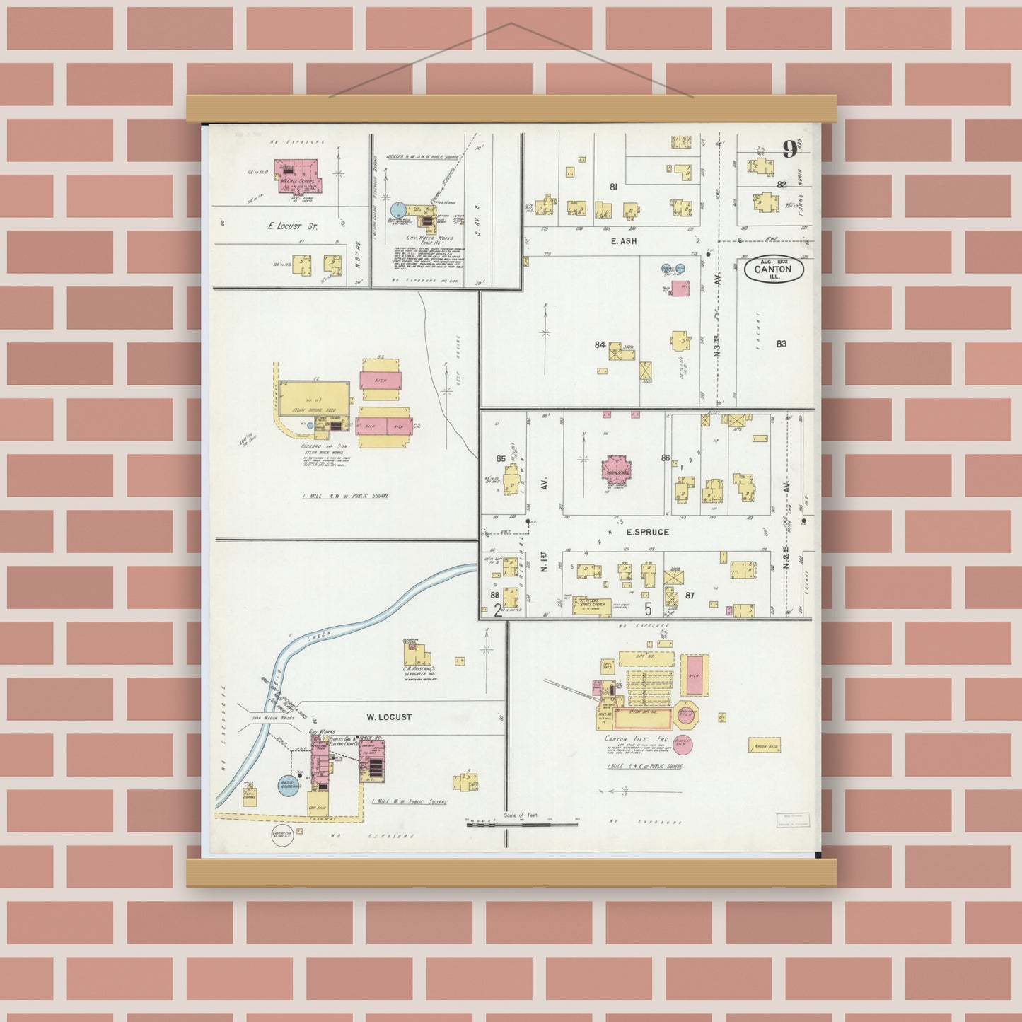 Old map wall art mockup — magnetic wood frame on brick wall — Sanborn Fire Insurance Map from Canton, Fulton County, Illinois (1902), Sheet #0009