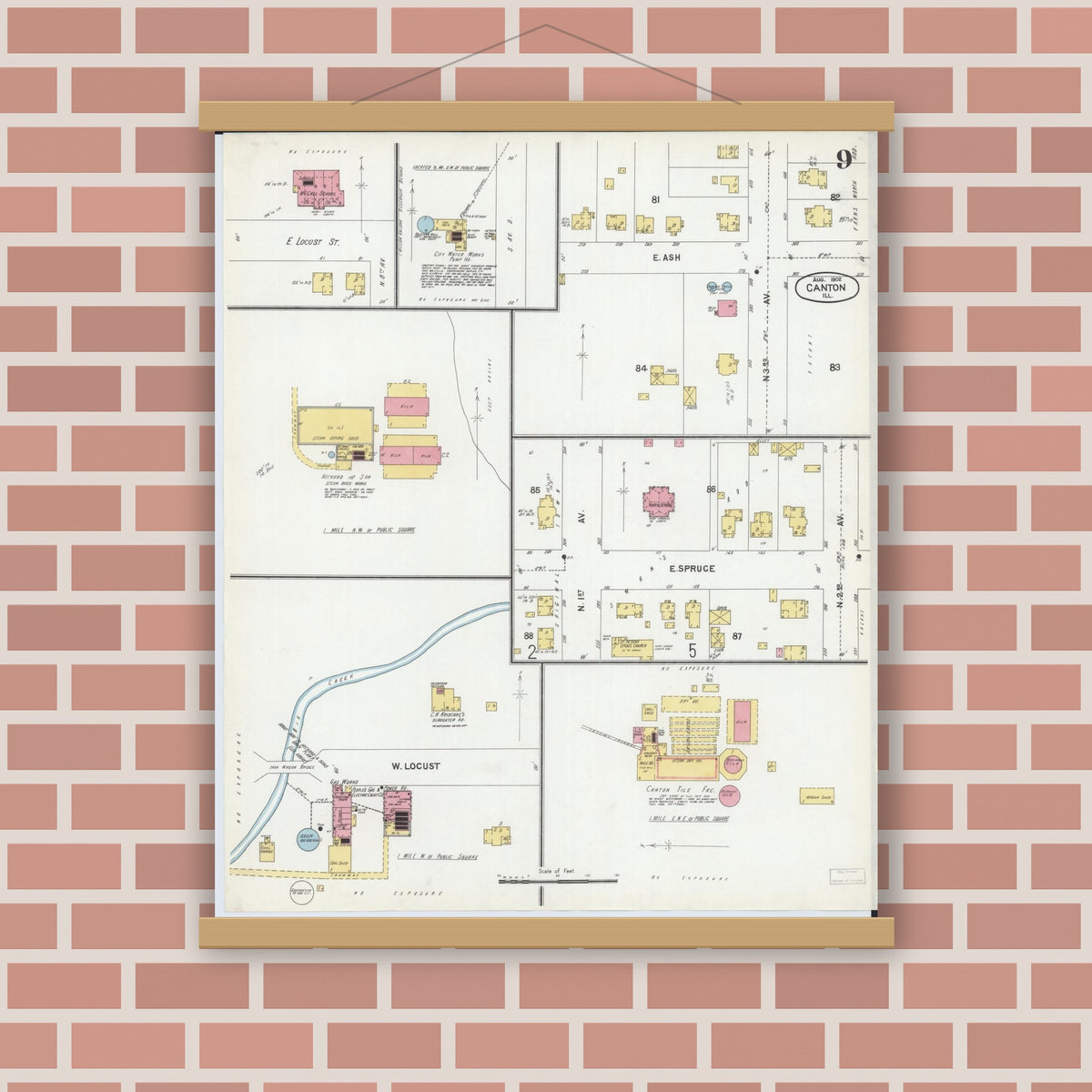 Old map wall art mockup — magnetic wood frame on brick wall — Sanborn Fire Insurance Map from Canton, Fulton County, Illinois (1902), Sheet #0009