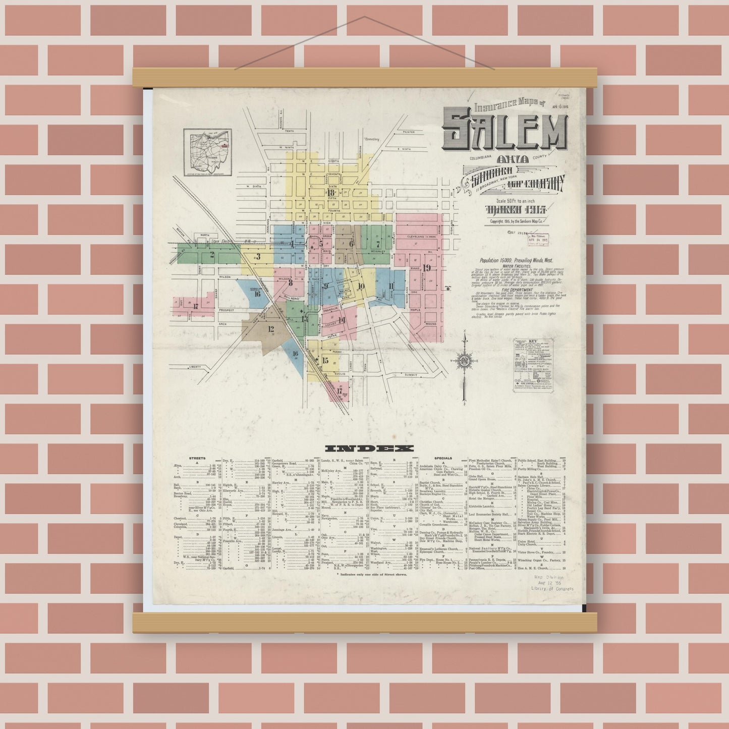 Old map wall art mockup — magnetic wood frame on brick wall — Sanborn Fire Insurance Map from Salem, Columbiana County, Ohio (1915), Sheet #0001