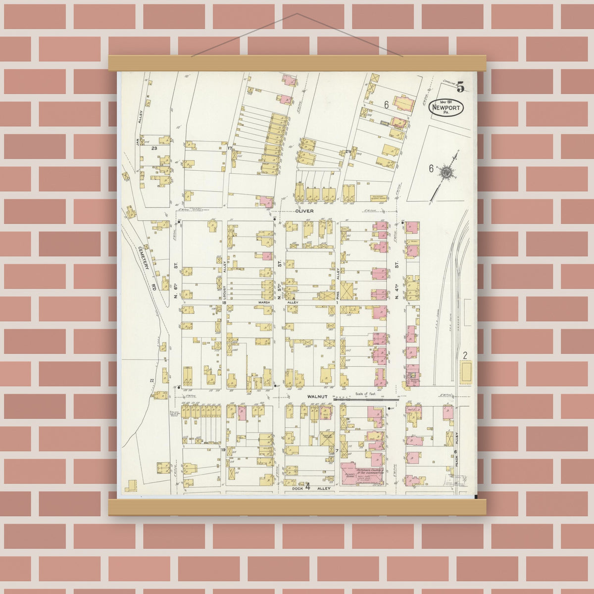 Old map wall art mockup — magnetic wood frame on brick wall — Sanborn Fire Insurance Map from Newport, Perry County, Pennsylvania (1911), Sheet #0005