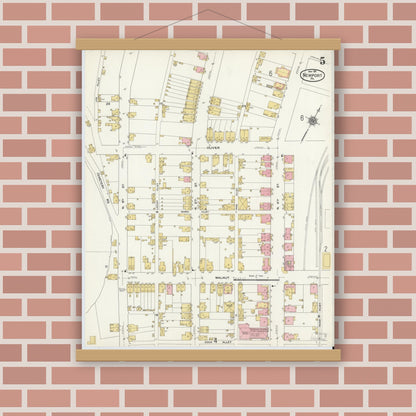 Old map wall art mockup — magnetic wood frame on brick wall — Sanborn Fire Insurance Map from Newport, Perry County, Pennsylvania (1911), Sheet #0005