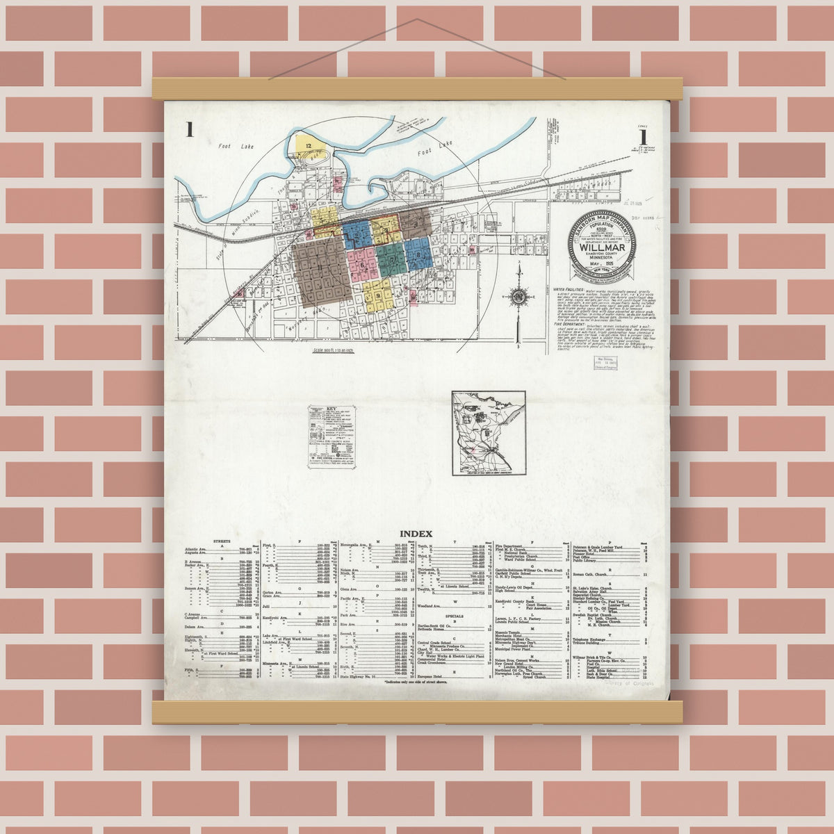 Old map wall art mockup — magnetic wood frame on brick wall — Sanborn Fire Insurance Map from Willmar, Kandiyohi County, Minnesota (1925), Sheet #0001