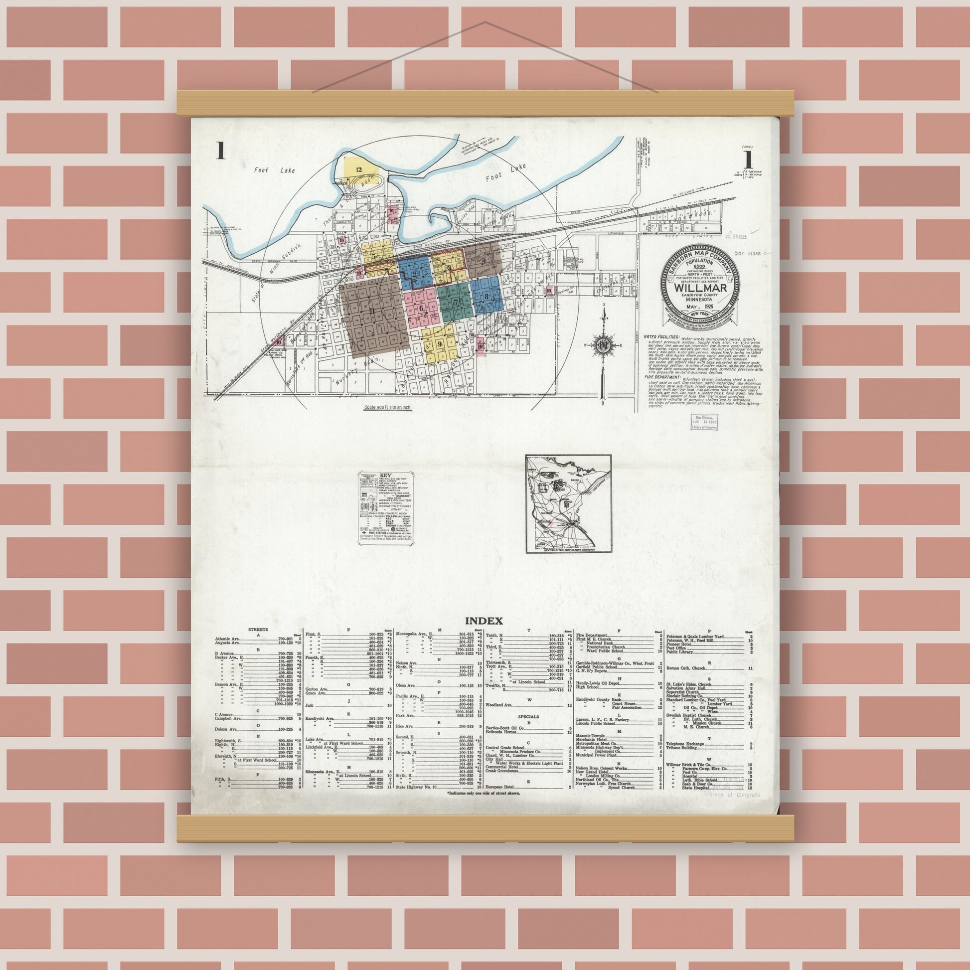 Old map wall art mockup — magnetic wood frame on brick wall — Sanborn Fire Insurance Map from Willmar, Kandiyohi County, Minnesota (1925), Sheet #0001