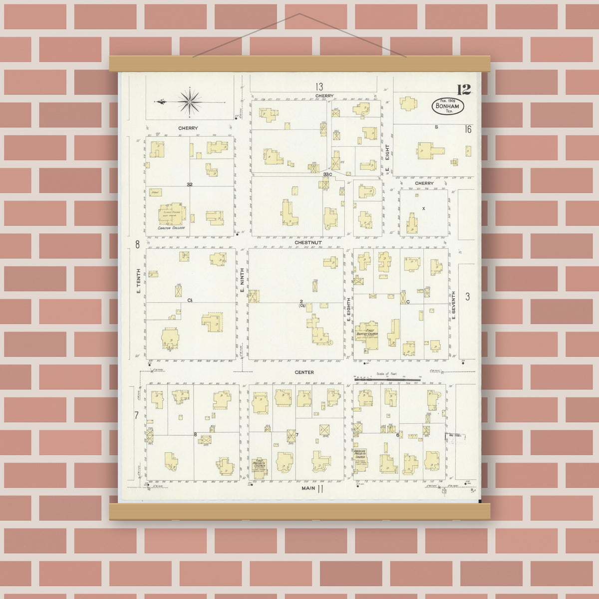 Old map wall art mockup — magnetic wood frame on brick wall — Sanborn Fire Insurance Map from Bonham, Fannin County, Texas (1909), Sheet #0012