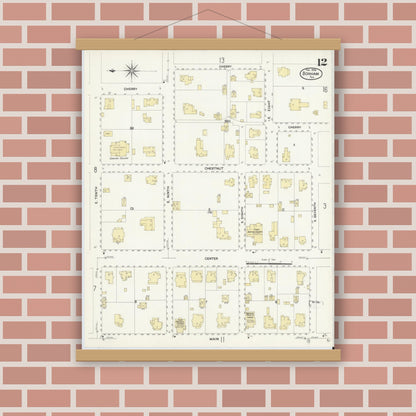 Old map wall art mockup — magnetic wood frame on brick wall — Sanborn Fire Insurance Map from Bonham, Fannin County, Texas (1909), Sheet #0012