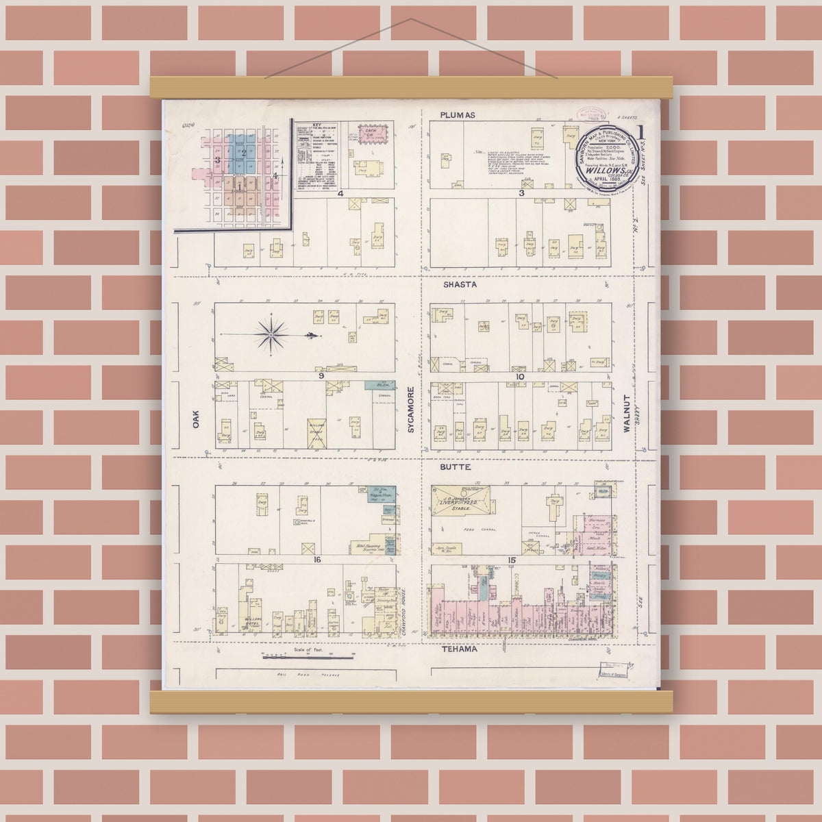 Old map wall art mockup — magnetic wood frame on brick wall — Sanborn Fire Insurance Map from Willows, Glenn County, California (1889) - Complete Map Set