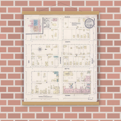Old map wall art mockup — magnetic wood frame on brick wall — Sanborn Fire Insurance Map from Willows, Glenn County, California (1889) - Complete Map Set