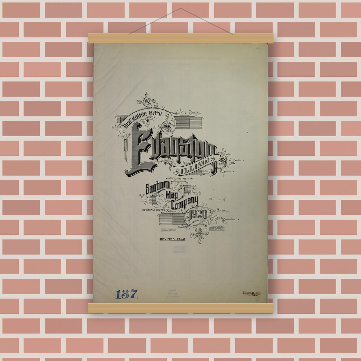 Old map wall art mockup — magnetic wood frame on brick wall — Sanborn Fire Insurance Map from Evanston, Cook County, Illinois (1945), Sheet #0001