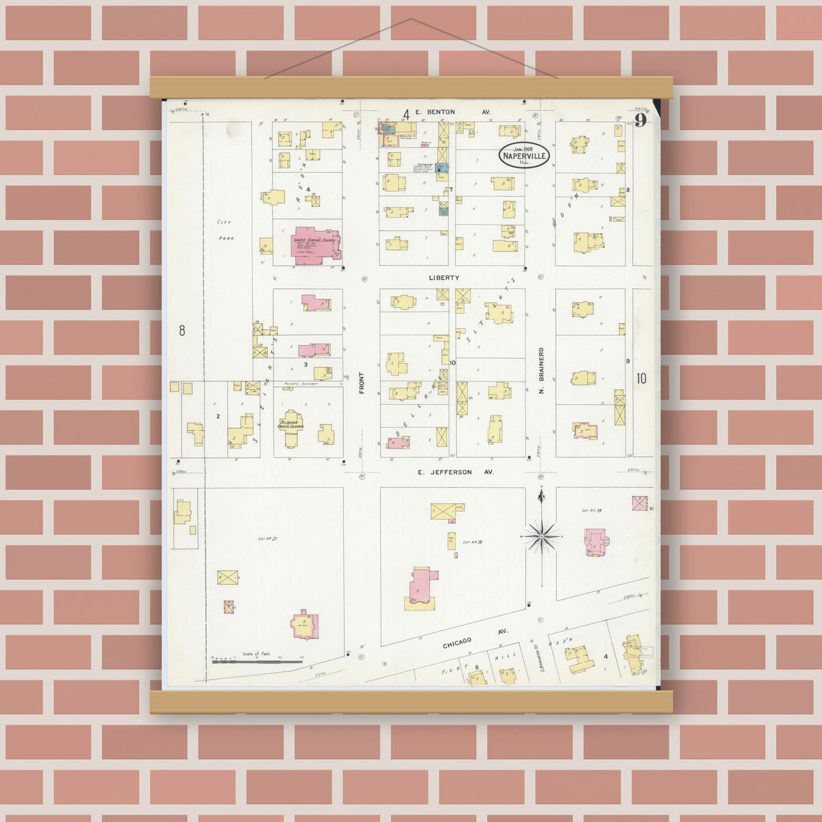 Old map wall art mockup — magnetic wood frame on brick wall — Sanborn Fire Insurance Map from Naperville, Du Page County, Illinois (1909), Sheet #0009