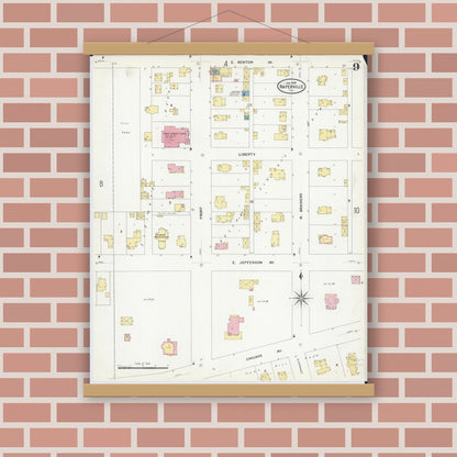 Old map wall art mockup — magnetic wood frame on brick wall — Sanborn Fire Insurance Map from Naperville, Du Page County, Illinois (1909), Sheet #0009