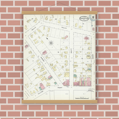 Old map wall art mockup — magnetic wood frame on brick wall — Sanborn Fire Insurance Map from Edgerton, Rock County, Wisconsin (1891), Sheet #0002