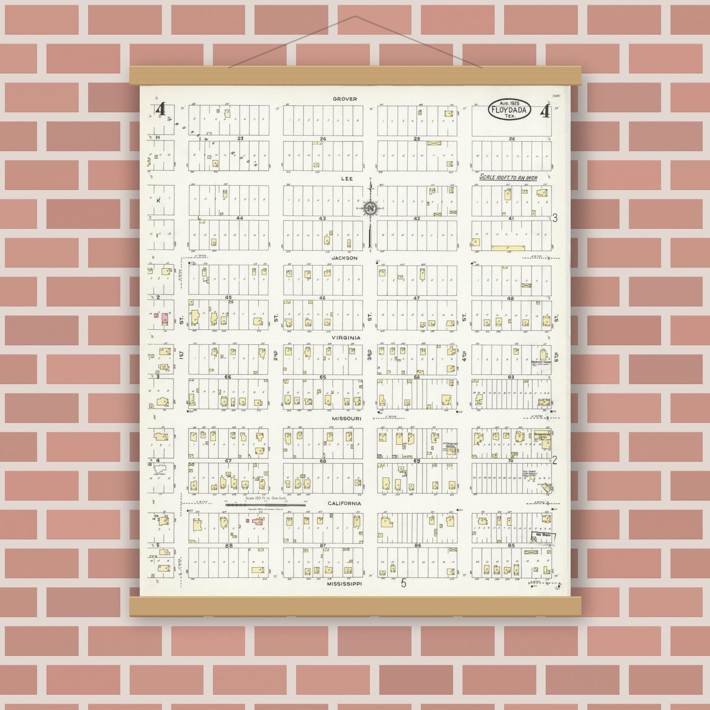 Old map wall art mockup — magnetic wood frame on brick wall — Sanborn Fire Insurance Map from Floydada, Floyd County, Texas (1925), Sheet #0004