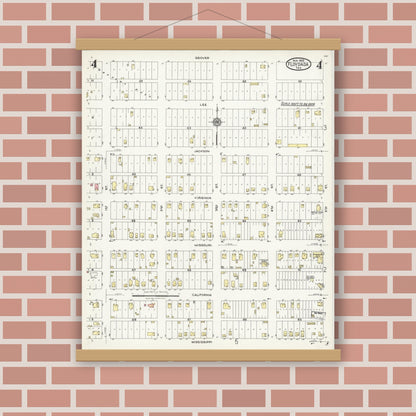 Old map wall art mockup — magnetic wood frame on brick wall — Sanborn Fire Insurance Map from Floydada, Floyd County, Texas (1925), Sheet #0004