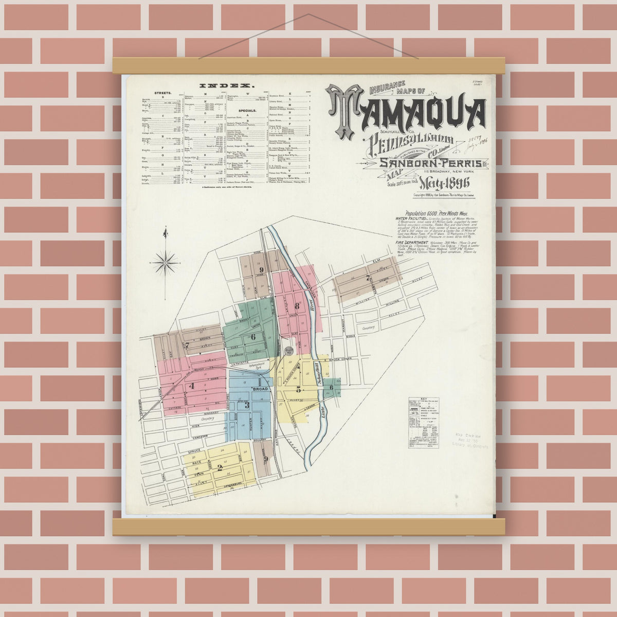 Old map wall art mockup — magnetic wood frame on brick wall — Sanborn Fire Insurance Map from Tamaqua, Schuylkill County, Pennsylvania (1896), Sheet #0001