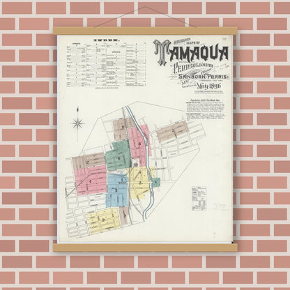 Old map wall art mockup — magnetic wood frame on brick wall — Sanborn Fire Insurance Map from Tamaqua, Schuylkill County, Pennsylvania (1896), Sheet #0001